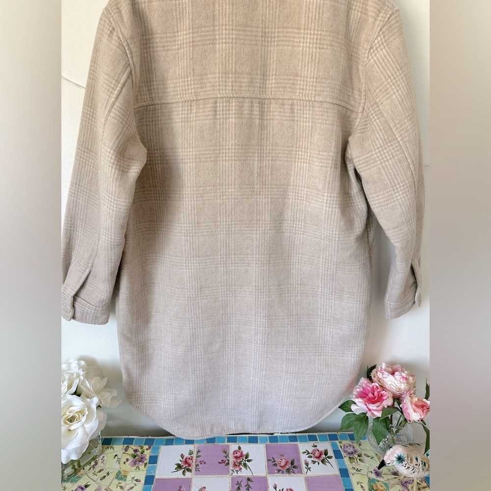 Joie Cream Plaid Neutral Long Button Down Shacket Coat L - Picture 7 of 9